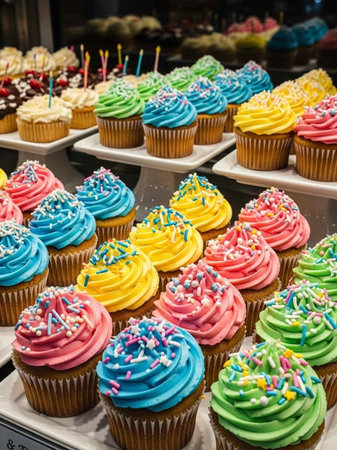 Colorful cupcakes on display at a shop window in Paris, France