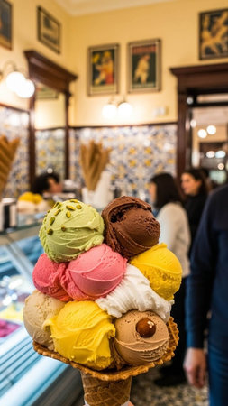 Colorful ice cream in waffle cone with blurred people in background