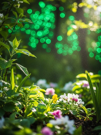 Beautiful spring garden with green bokeh lights and fresh flowers