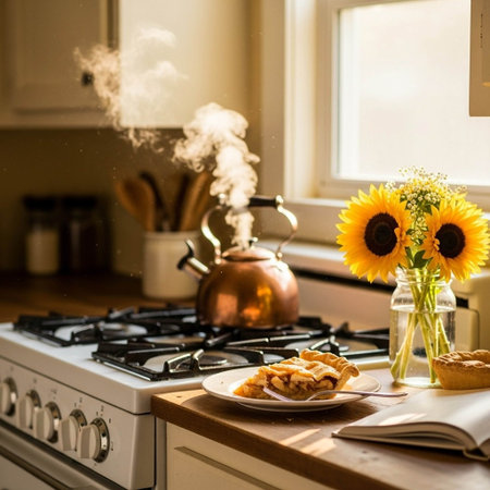 Sunflowers and cookies on a gas stove in the kitchen.