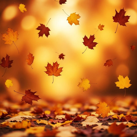 autumn background with maple leaves, bokeh and sun rays