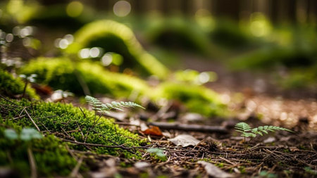 Beautiful green mossy forest floor in the morning. Selective focus.
