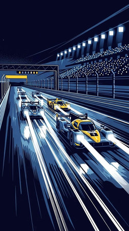 Illustration of cars racing on a track at night.