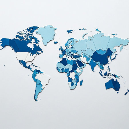 World map on white paper background. World map made of blue paper