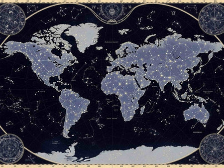 World map on a dark background with stars and constellations.