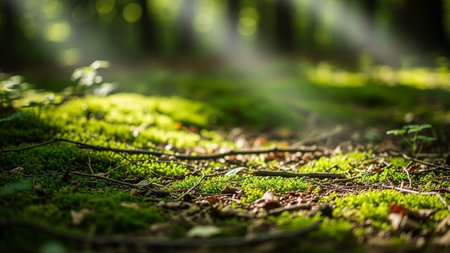 Green moss on the ground in a forest with sunlight and lens flare