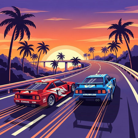 Car racing on the road at sunset. Vector illustration of car racing.