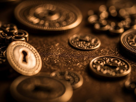 Close up of old coins. Selective focus. Shallow depth of field.の写真素材