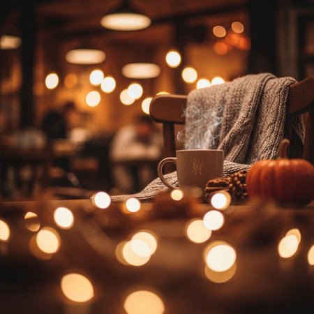 Cup of hot drink with marshmallow on the background of cozy cozy autumn cafe with warm knitted...