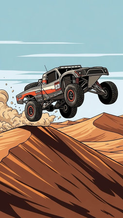 illustration of a monster truck on a background of sand dunes