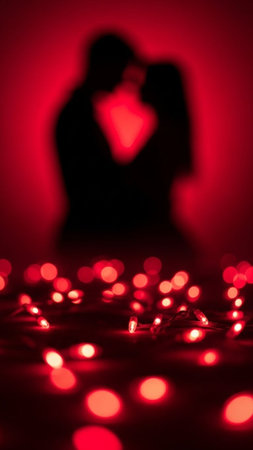Silhouette of a loving couple on a red background with lights
