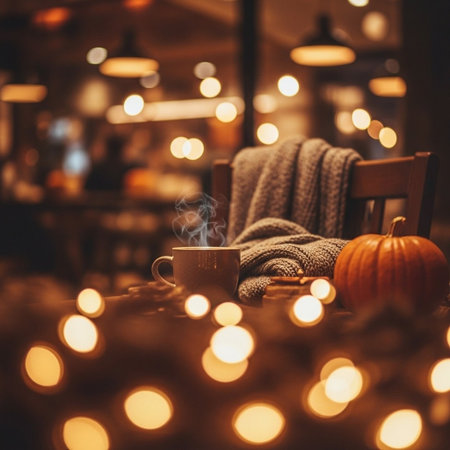 Cup of hot chocolate with marshmallows, warm knitted scarf and pumpkins on wooden background. Cozy autumn evening at home.