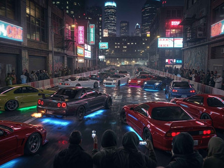 Night traffic in the streets of a city.