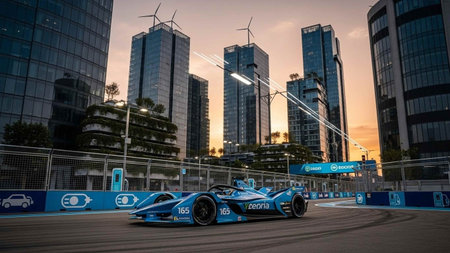 A blue race car is seen on a racing circuit with urban buildings in the background.