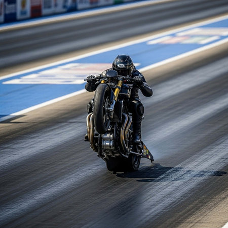heavy biker doing stunts one wheeling on road.