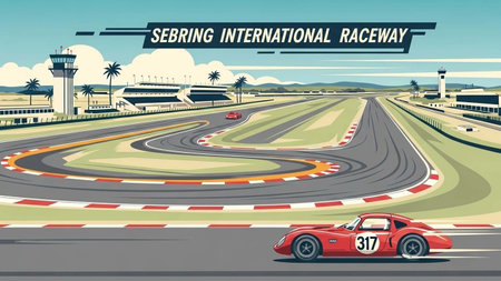 Sports car racing on the race track. Vector illustration in retro style.