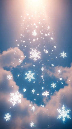 Snowflakes and stars against blue sky over clouds with vignetteの写真素材