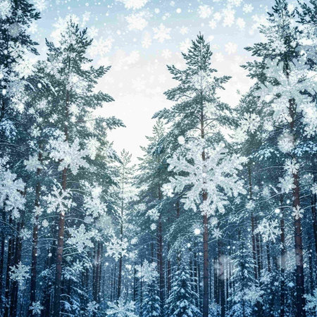 Winter forest with snowflakes. Winter landscape.の写真素材