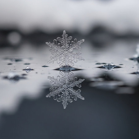 Snowflake on the surface of the water. Shallow depth of field.の写真素材