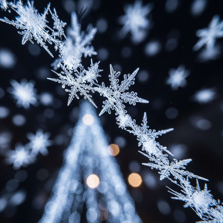 Snowflakes on the background of a Christmas tree and bokehの写真素材