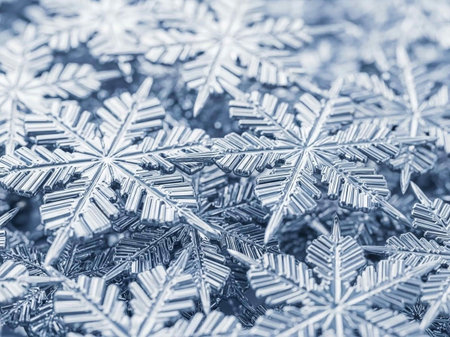 Close-up of snowflakes. Christmas background. Blue toned