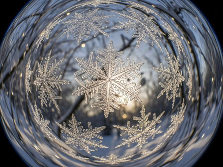 Snowflake reflected in a crystal ball on a sunny winter day.の写真素材
