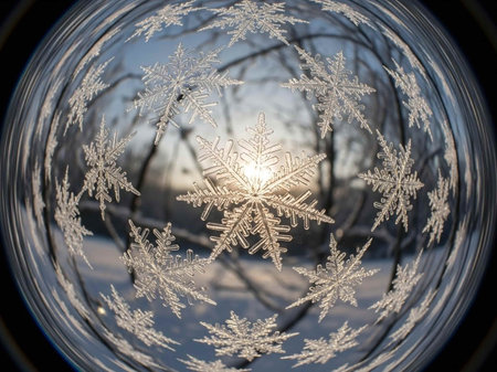 snowflakes on the glass against the background of the sun