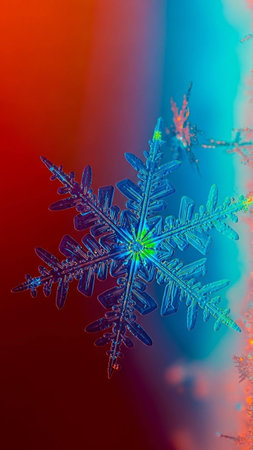 Snowflakes on colorful background. Macro photo of real snow crystals.