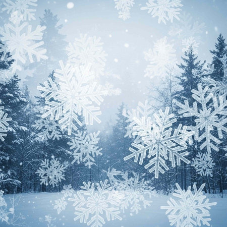 Winter forest with snowflakes. Christmas and New Year background.
