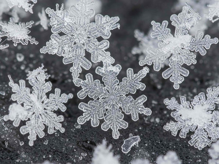 Snowflakes on black background. Macro photo of real snow crystals.