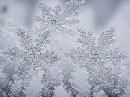 Snowflakes on a frozen window. Winter background. Macro.