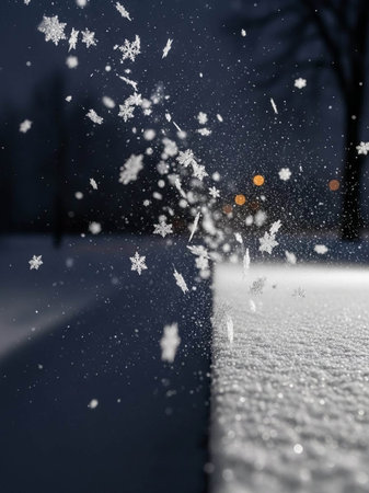snowflakes on the road at night, defocused background
