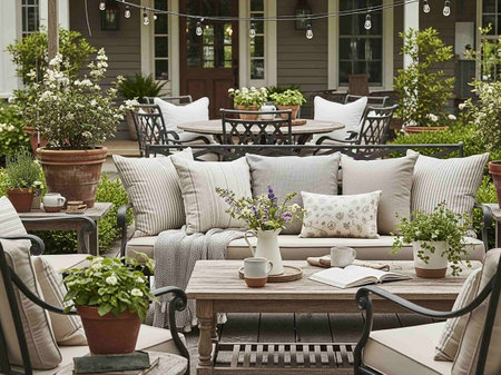 Outdoor terrace with table, chairs, pillows and flowers