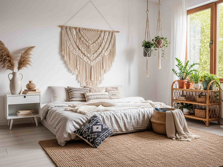 Interior of modern bedroom with white walls and wooden floor. There is a bed with pillows and a...