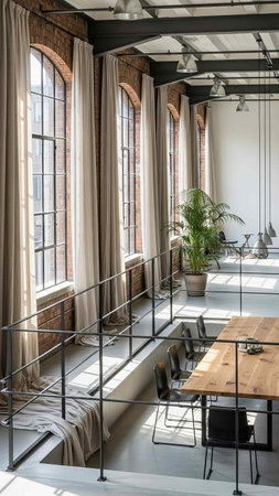 interior of modern living room with big windows and wooden floor. Nobody inside