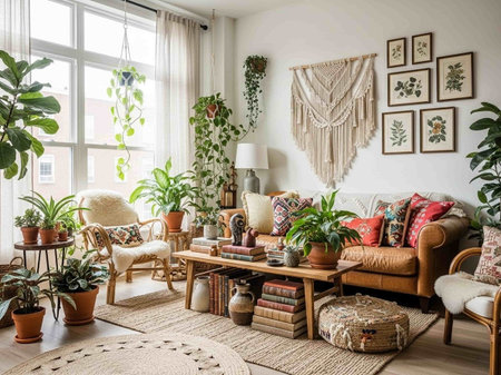 Interior of living room with furniture, plants and accessories. Nobody insideの写真素材