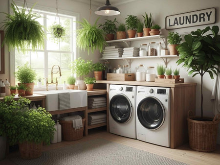 Laundry room with washing machine and plants in pots. Interior designの写真素材