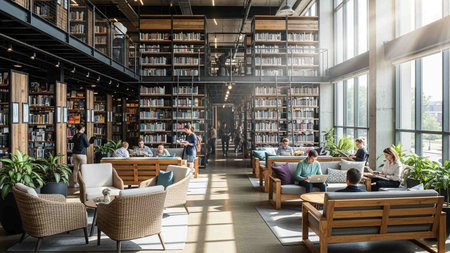 Interior of a library with bookshelves and a lot of books