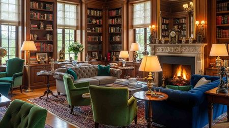 Luxury living room interior with fireplace and bookshelves.の写真素材