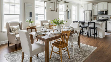 Luxury dining room with white chairs and wooden table. Northwest, USA