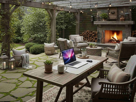 Laptop on a table in a garden with a fireplace in the background