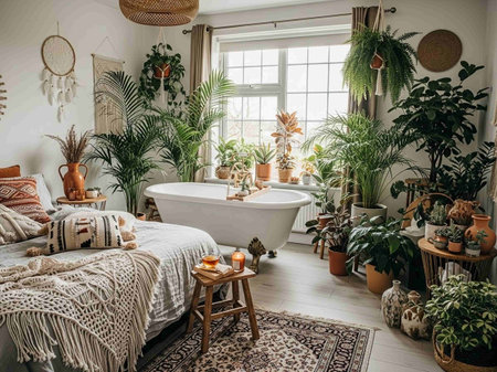 Interior of a cozy room with green plantsの写真素材