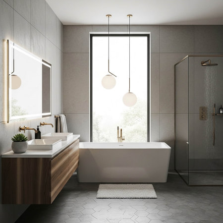 Interior of modern bathroom with gray tile walls, tiled floor, comfortable white bathtub and shower...