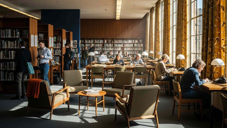 Group of students studying in a library. Education, learning and people concept