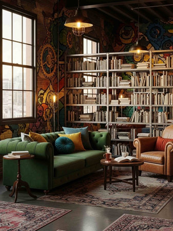 Interior of a living room with a green sofa and a bookcase