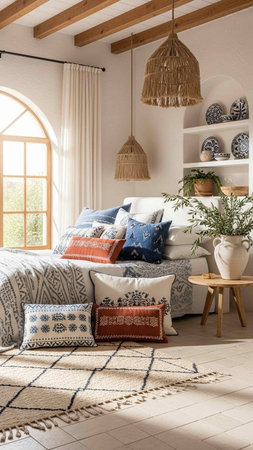 interior design of modern bedroom with set of pillows, 3d render