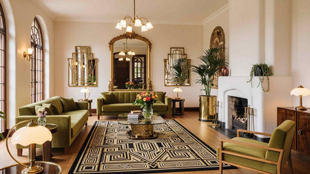 Interior of a luxurious living room with a fireplace and green sofaの写真素材