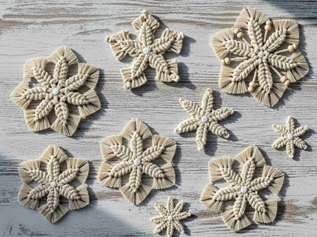 Handmade knitted snowflakes on a white wooden background.