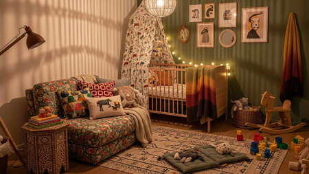 Interior of a children's room with a crib, rocking chair and toysの写真素材