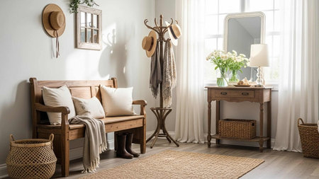 Interior of living room with wooden furniture, wicker basket and mirror